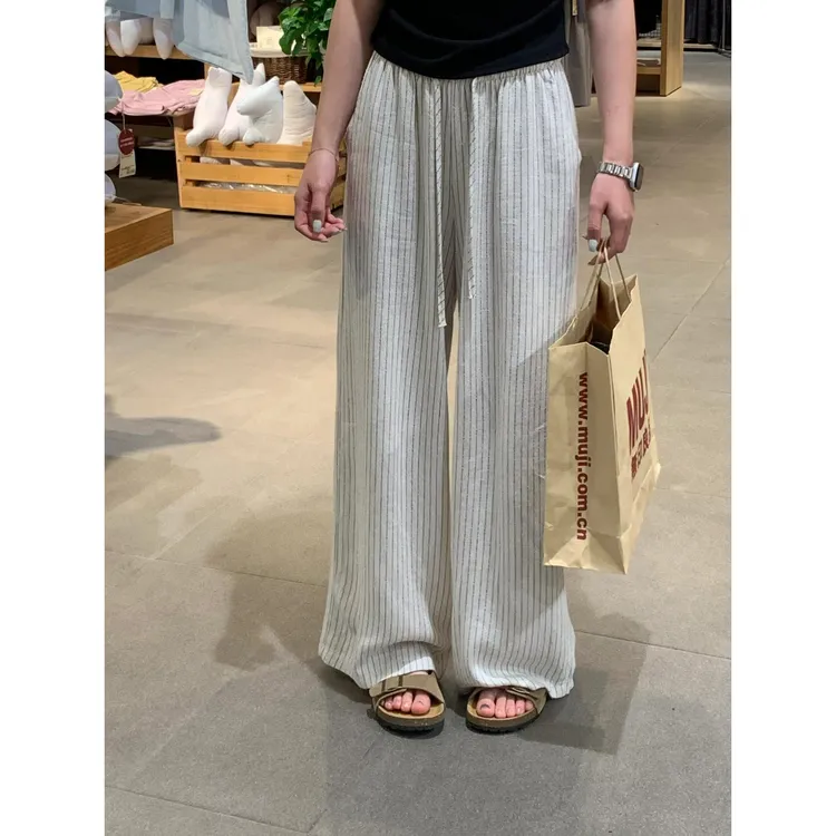 美呆了！夏季条纹裤2025时尚慵懒松弛感休闲阔腿裤垂感百搭长裤女