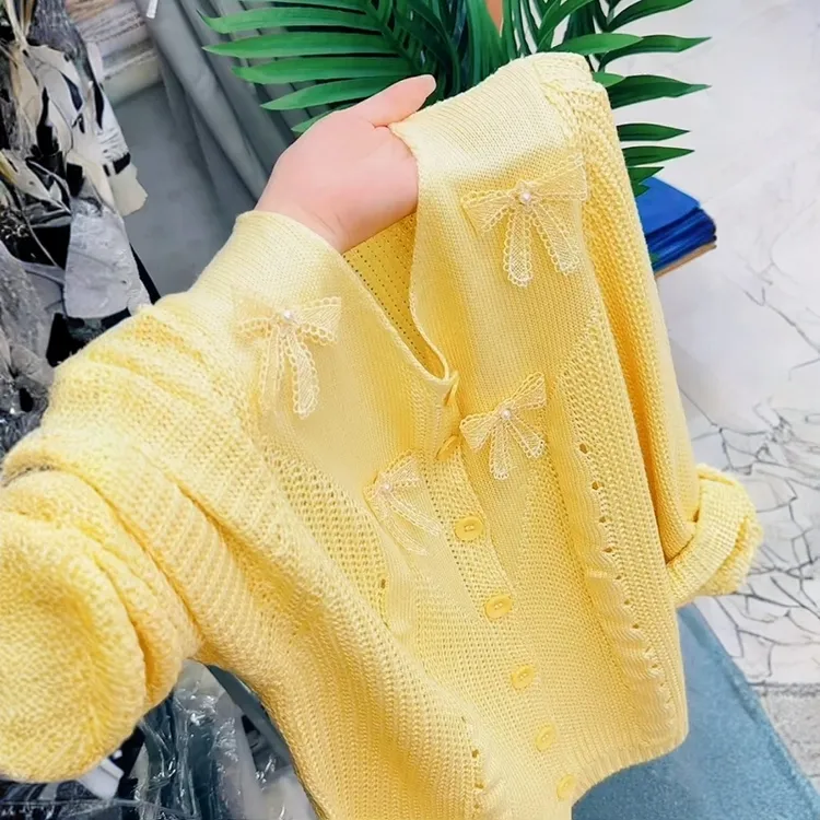 2025早秋圆领长袖法式蝴蝶结镂空减龄针织开衫小众秋天毛衣女秋冬