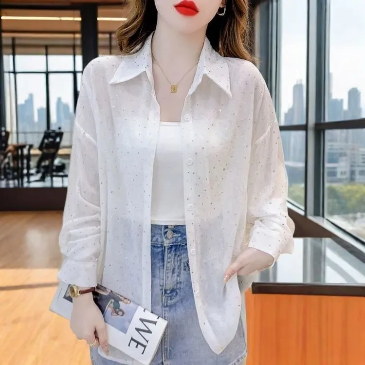 欧货重工烫钻衬衫女轻薄透视长袖上衣显瘦开扣衬衣百搭防晒衫夏季