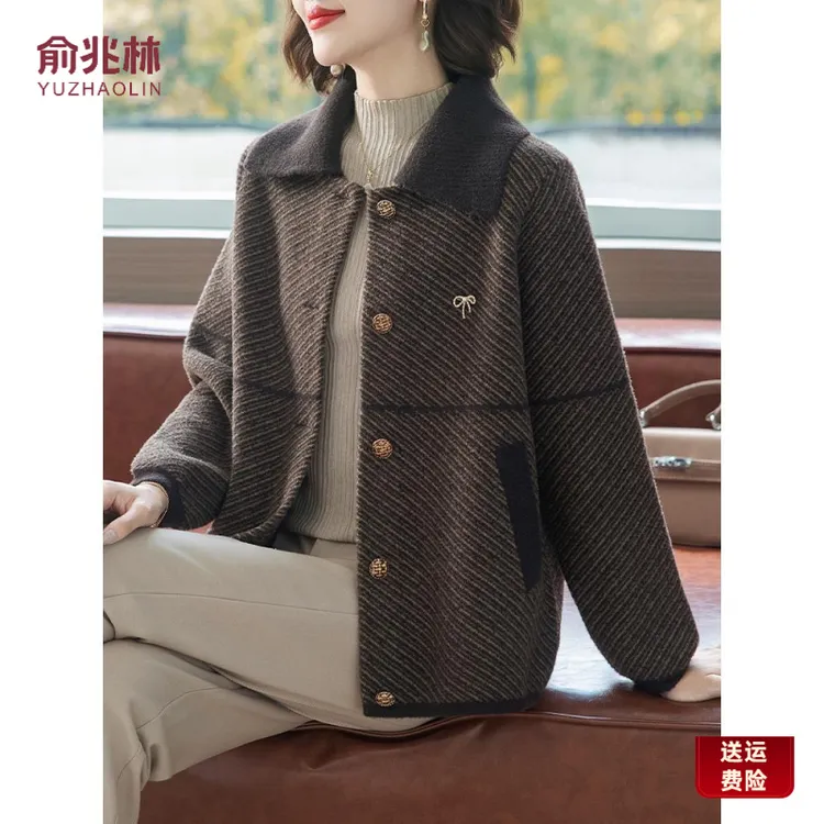俞兆林中老年人秋装翻领毛呢外套短款女装2025新款洋气质妈妈装春
