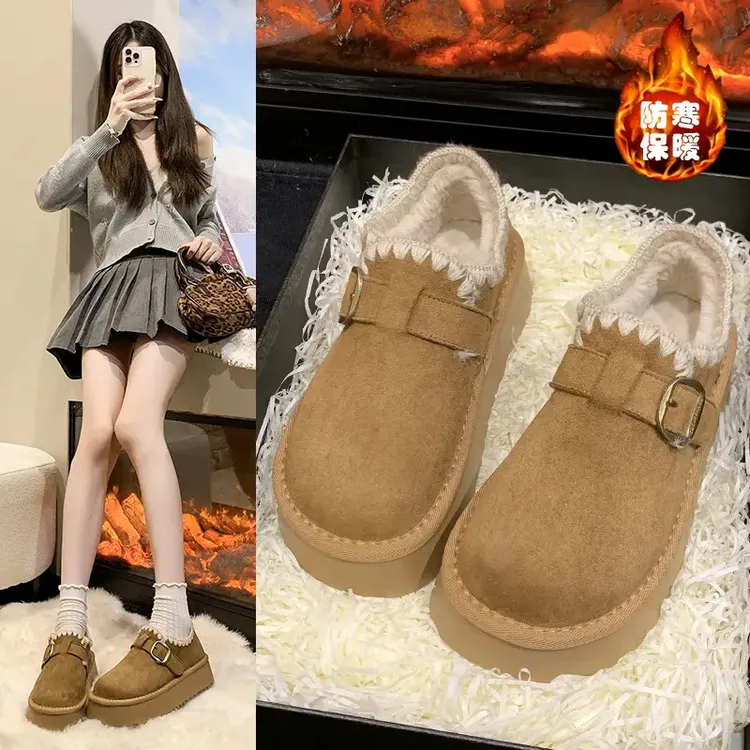 厚底勃肯鞋女2025新款秋冬加绒豆豆鞋保暖雪地靴一脚蹬懒人棉鞋子