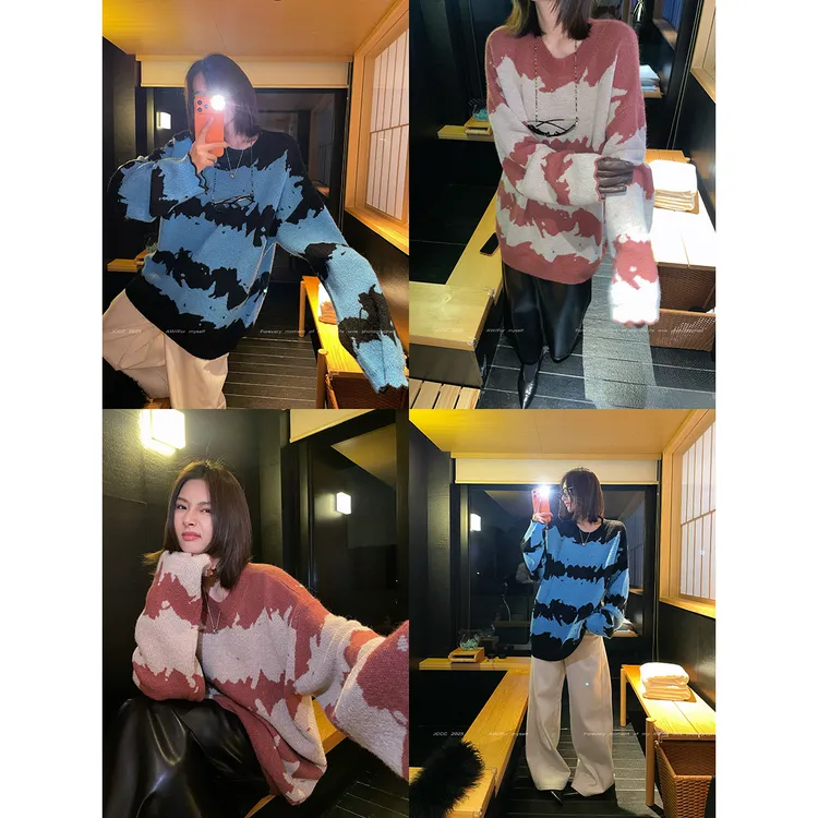 JCCC影子【浮波纹】两色撞色马海毛复古不规则花纹圆领套头针织毛衣