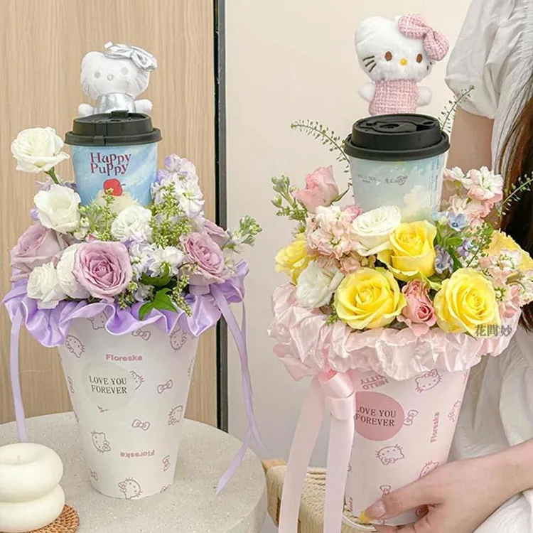 创意凯蒂猫玩偶奶茶杯抱抱桶花束仿真皂花七夕送女生闺蜜生日礼物