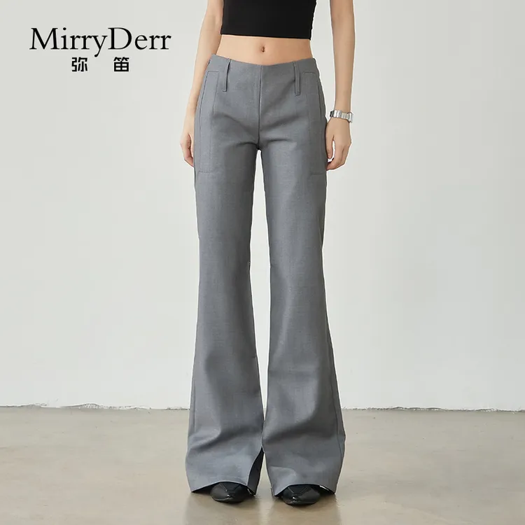 MirryDerr/弥笛灰色微喇休闲裤女2025夏季薄款修身显瘦垂感西装裤