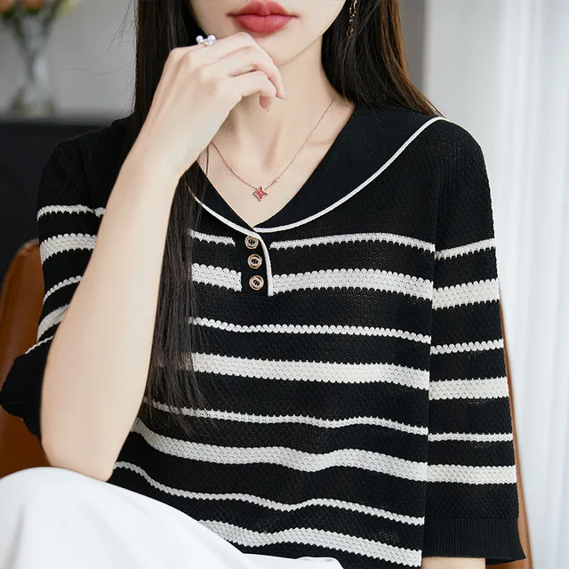 假日休闲海军领条纹针织短袖女夏季慵懒撞色翻领半袖百搭T恤上衣