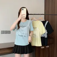 清2025夏季款胖mm大码假两件蕾丝拼接正肩短袖T恤设计感上衣64381