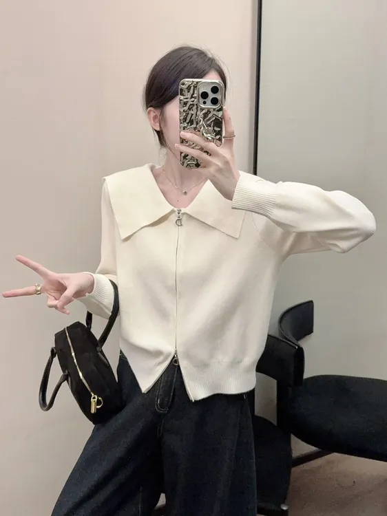 翻领设计感双头拉链海军领长袖气质女上衣毛衣针织开衫外套J2-41