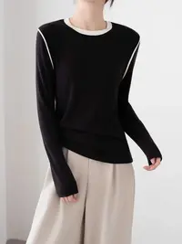 韩版撞色拼接内搭美利奴羊毛针织衫女早秋设计感上衣LX062(ZZ)