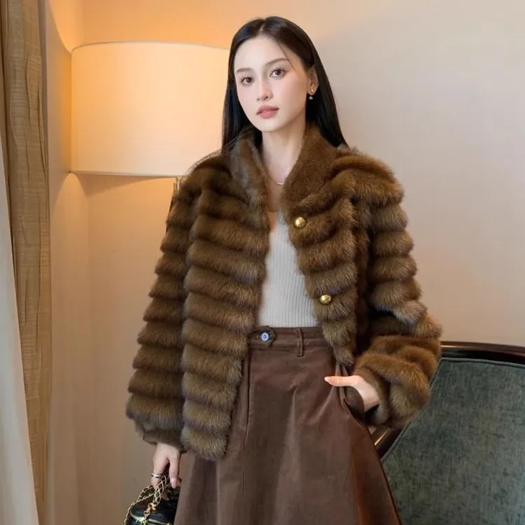 人造皮草 2025秋冬新款环保仿水貂毛绒仿皮草外套女宽松立领