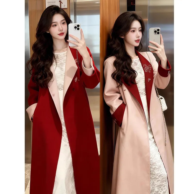 双面穿中长款毛呢外套女冬季2025新款新中式复古国风刺绣呢子大衣