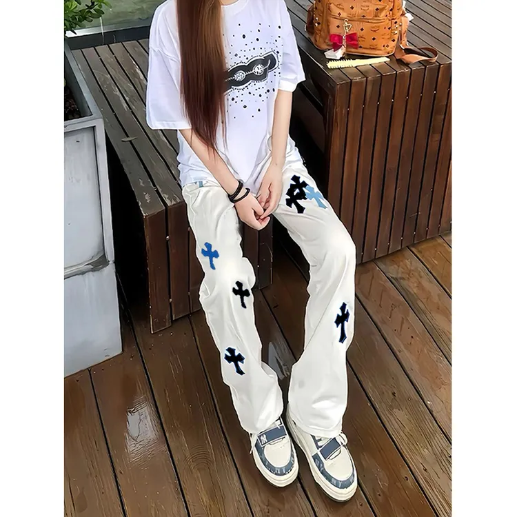 蓝白十字架牛仔裤男款夏季美式高腰提档vibe弯刀微喇弹力拼接裤子