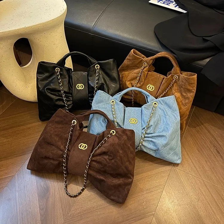 表姐优选 2025新款复古磨毛蝴蝶结托特包菱格小香风链条托特包女