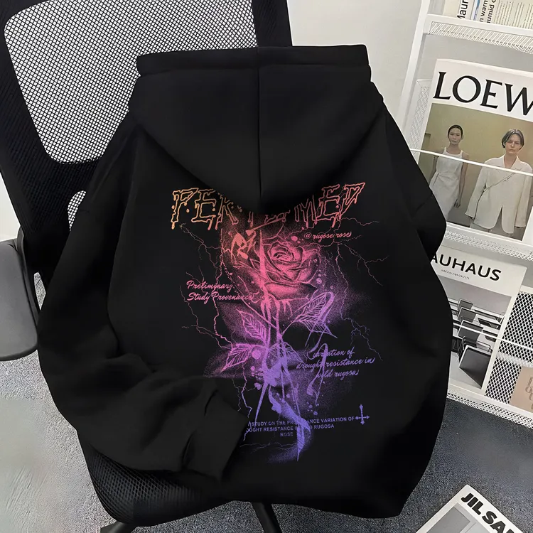 重磅美式高街渐变玫瑰连帽卫衣秋冬玫瑰加绒印花潮流情侣百搭上衣