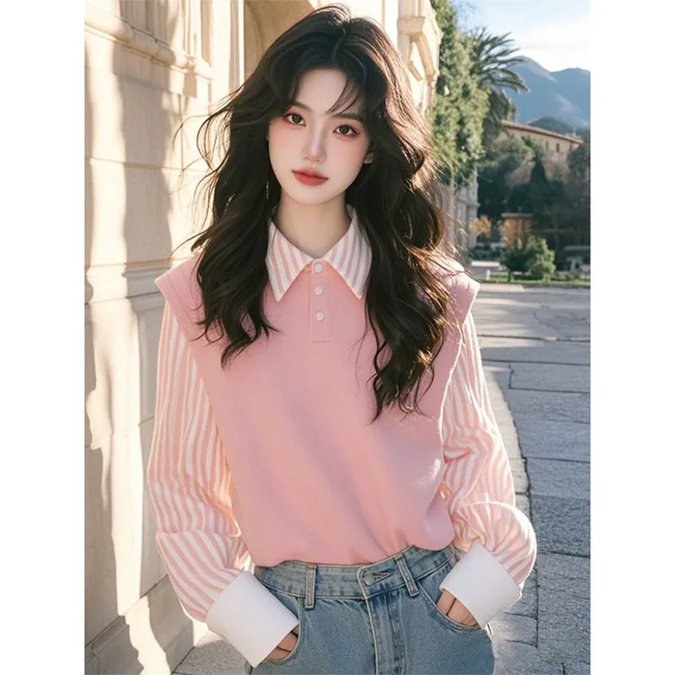 粉色翻领拼接条纹假两件衬衫女秋季新款高级感减龄洋气衬衣上衣服