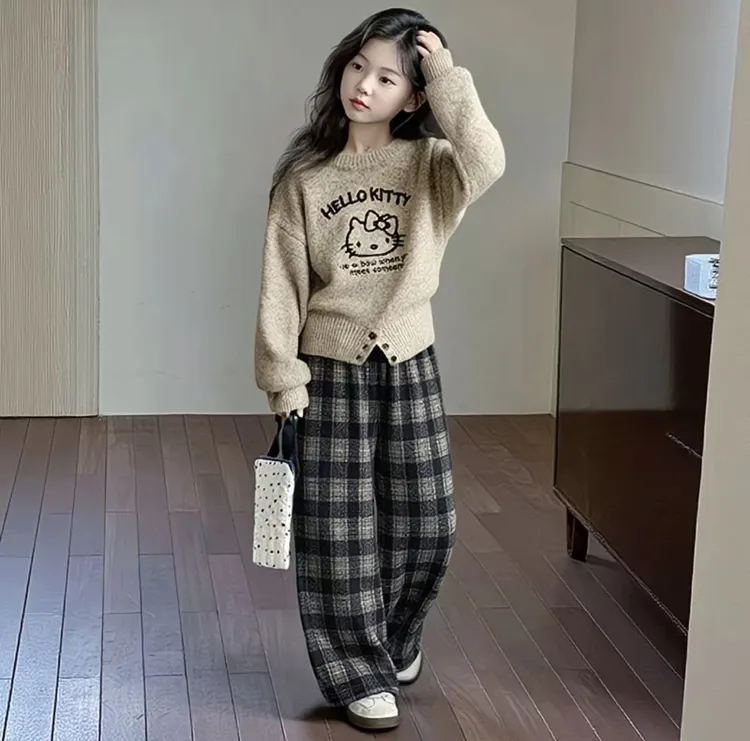 亲子时尚女卡通动漫休闲常规款格子秋冬毛衣针织套装套头