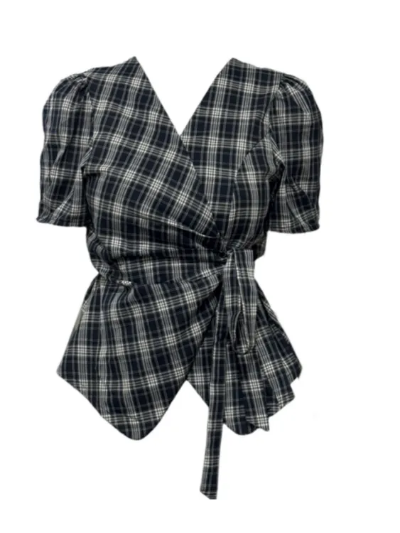 【Amy家】微胖mm法式格子v领衬衫女夏季设计感系带修身显瘦短袖上衣