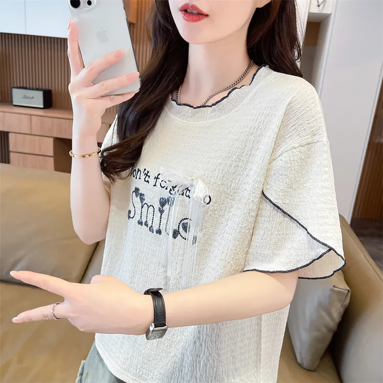 荷叶袖短袖t恤女2025新款夏季韩版宽松设计感小众卷边撞色上衣服