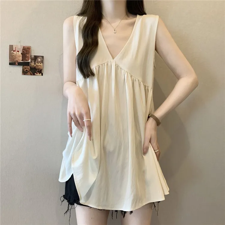 大码超好看中长款黑色背心女夏季2025新款设计感胖mm无袖V领上衣