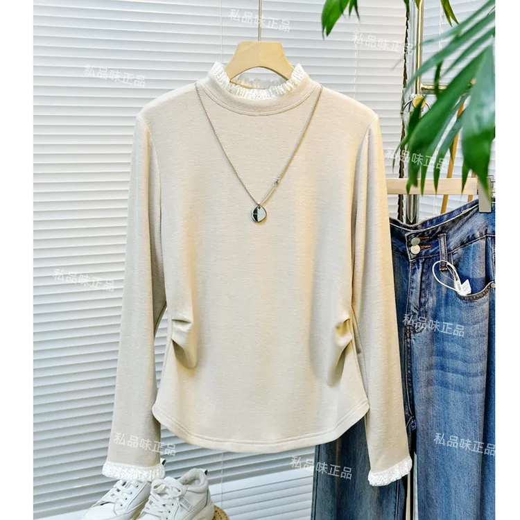 私品味D德绒女式上衣半高领加绒衣服蕾丝打底衣秋冬内搭L10031