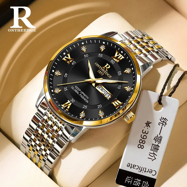 【专柜正品】瑞之缘新款男士手表防水夜光日历石英钢带瑞士机械表