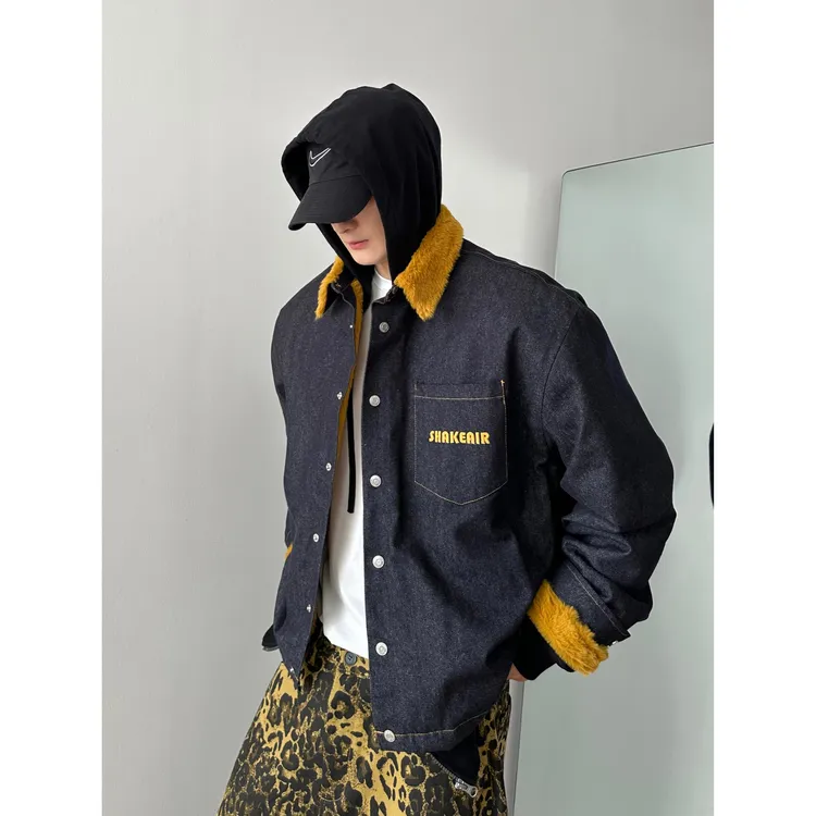 dannyandzee冬季复古姜黄色仿兔毛保暖加厚两面穿撞色牛仔外套833