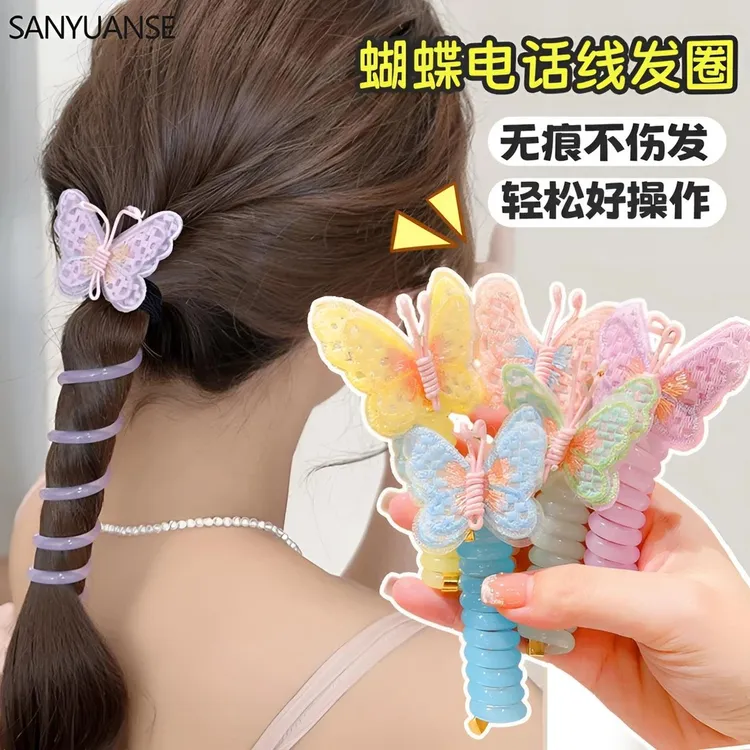 小女孩发绳刺绣蝴蝶电话线发圈儿童编发束发头绳扎双马头花发饰