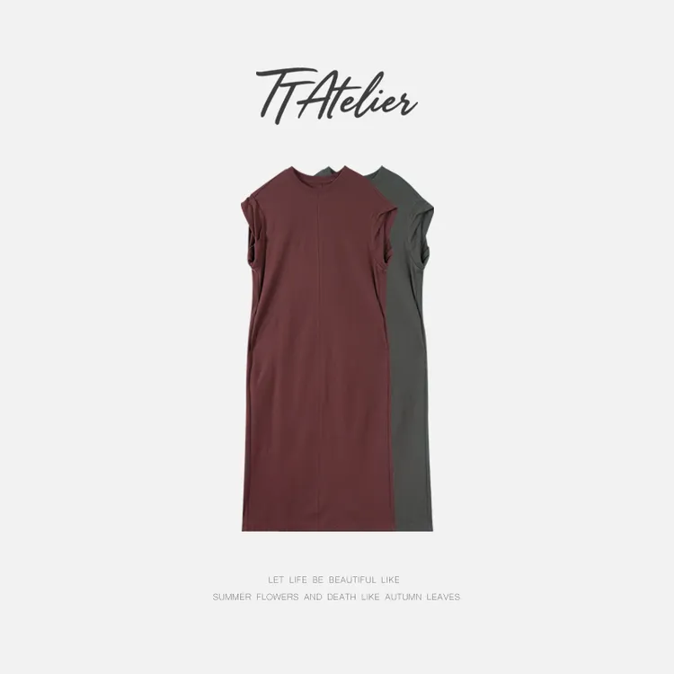 TT设计师【婉约】纯棉扭结袖口简约慵懒高级无袖连衣裙TT190387