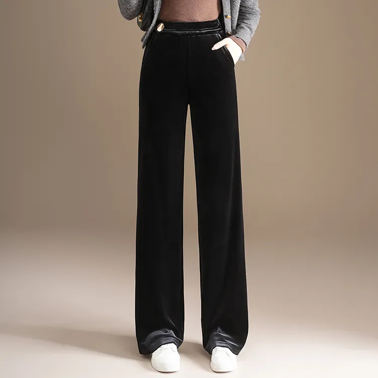 高端金丝绒阔腿裤女2025新款秋冬高腰垂感宽松大码松紧腰直筒裤子