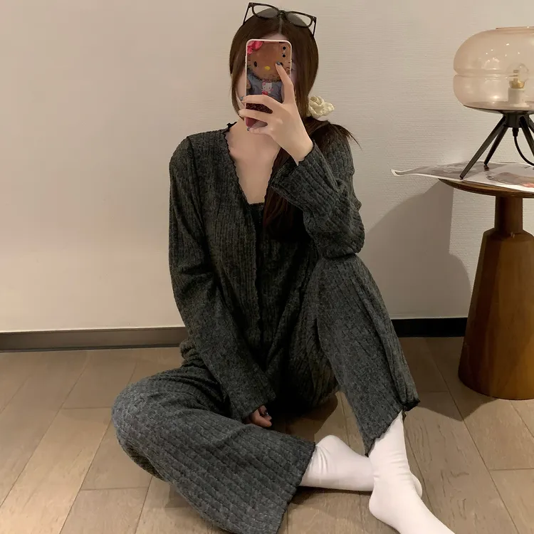 韩版网红风睡衣女款春秋季长袖2025新款休闲长裤可外穿家居服套装