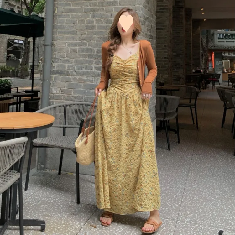 时尚两件套装女气质夏季新款防晒衣开衫外搭碎花吊带连衣裙长裙子
