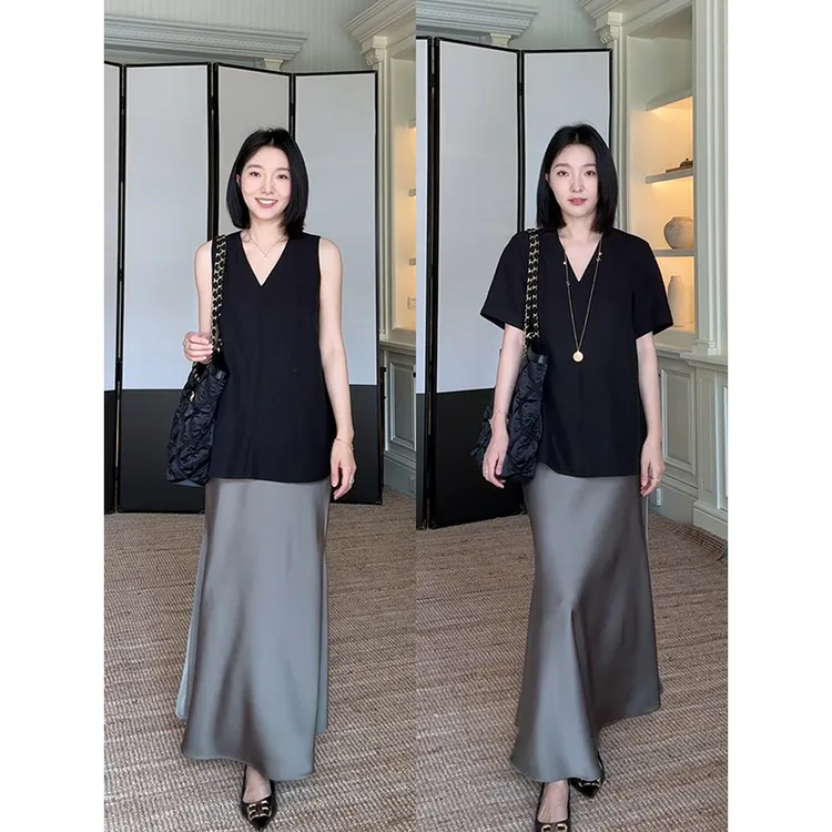 郭九九呢 天丝亚麻V领简约显瘦上衣缎面鱼尾半身裙 G925A06672-1
