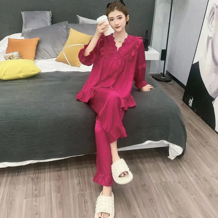 女士秋冬款天八分袖丝麻火龙果紫本命年蕾丝花边性感睡衣套装