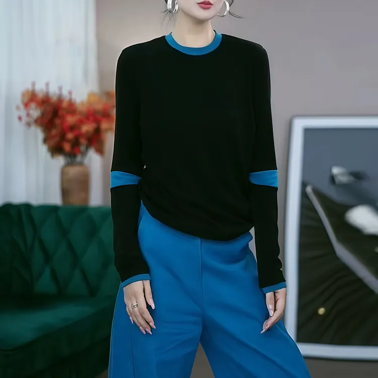 时尚洋气拼接撞色长袖打底衫上衣女秋冬新款圆领宽松遮肉百搭T恤