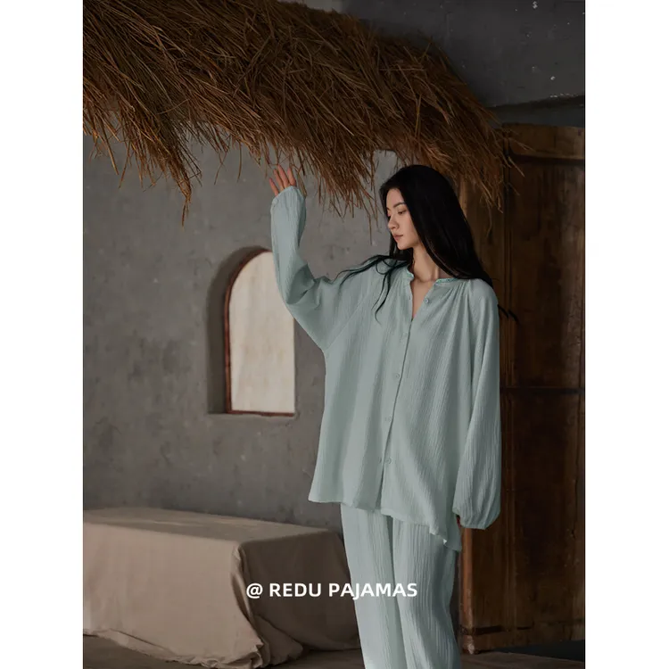 热妒睡衣女春秋季全棉纱布长袖高级感带胸垫宽松大码家居服套装