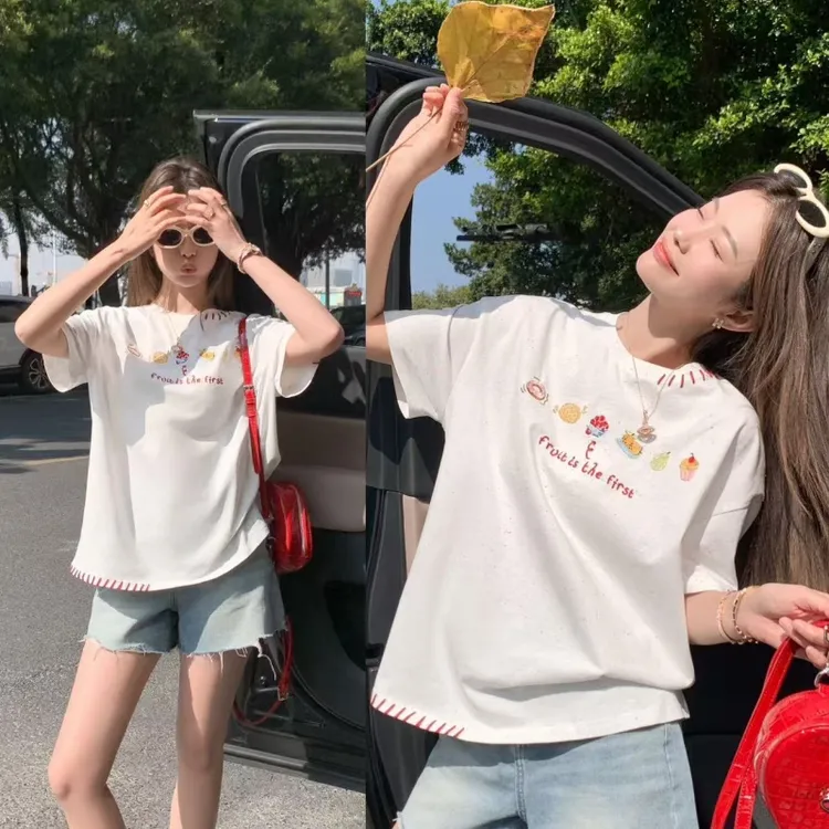 夏季小众彩点T恤女可爱趣味食物刺绣工艺休闲潮牌短袖百搭ins上衣