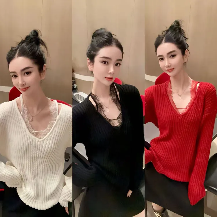 DL乐乐家【霓虹狂欢】秋冬新款法式蕾丝拼接高级感V领显瘦内搭毛衣