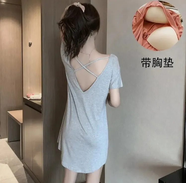 性感美背睡裙带胸垫莫代尔睡衣夏季薄款家居服交叉露背中短裙网红