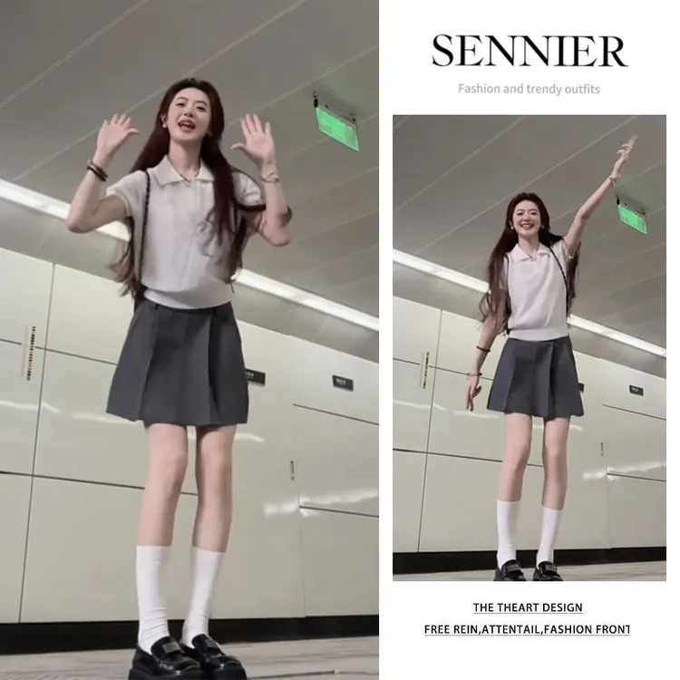 时尚穿搭女2025夏季新款学院风polo领短袖上衣显瘦百褶短裙两件套