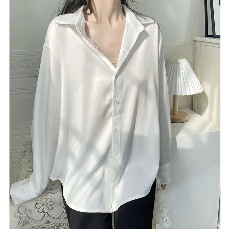 冰丝白色防晒衬衫女长袖夏季新款缎面时尚设计感小众衬衣宽松外套