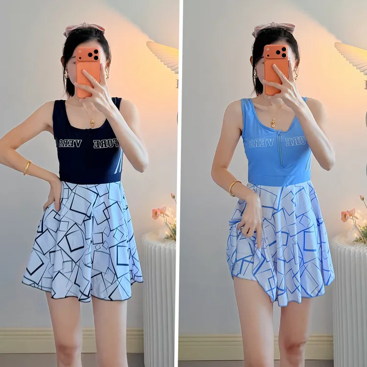 连体裙式泳衣女遮肚显瘦泡温泉服保守海边度假水上乐园速干衣泳装