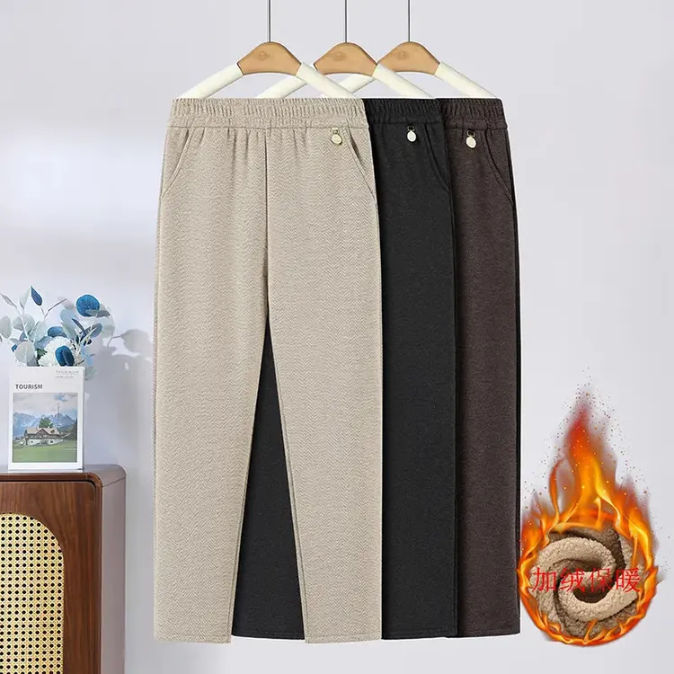 A406加绒加厚妈妈裤子女冬季新款洋气时尚中老年女裤高腰休闲长裤