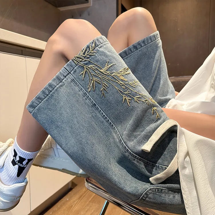 新中式刺绣牛仔短裤男夏季薄款宽松五分短裤国潮美式潮牌阔腿中裤