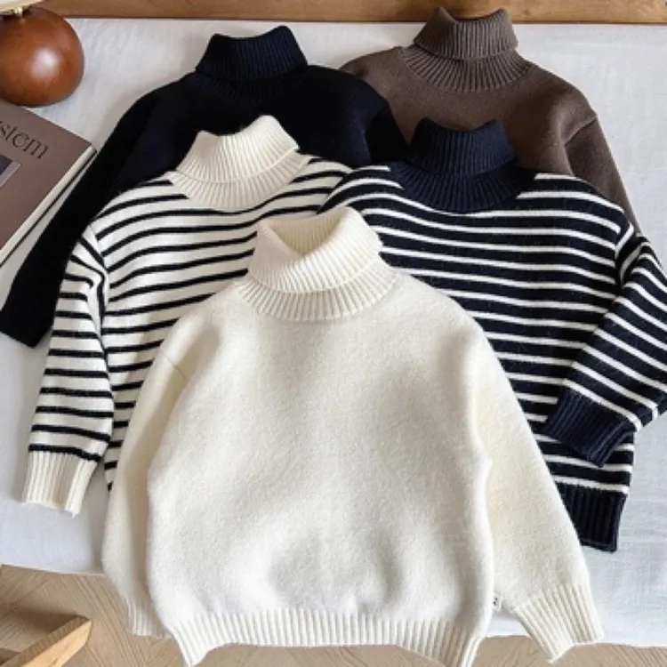男女大童新款百搭高领一体绒毛衣加厚条纹纯色打底衫加绒加绒男童