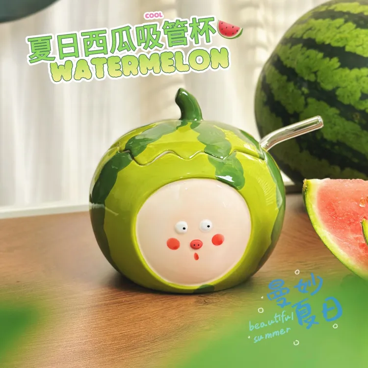 网红同款西瓜杯子陶瓷生日礼物稀奇古怪可爱夏天陶瓷杯带盖