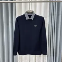 L534男士秋季套头款男士薄款假两件藏青色时尚百搭衬衣领毛衫男