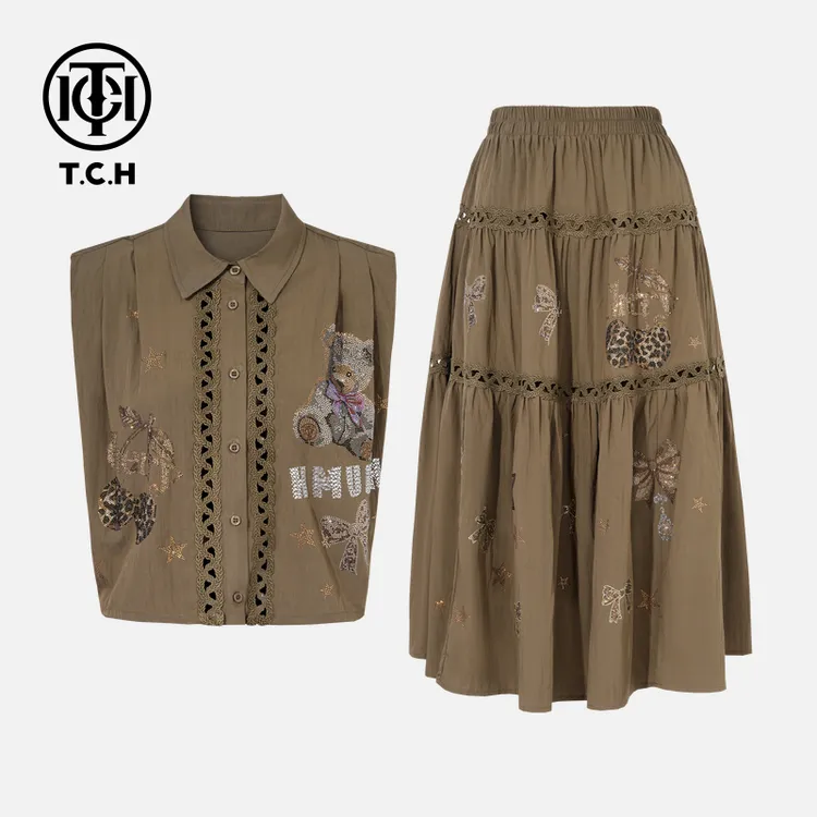 TCH私服烫钻工艺时尚休闲气质蝴蝶结套装女T75B07E5098轻奢tch