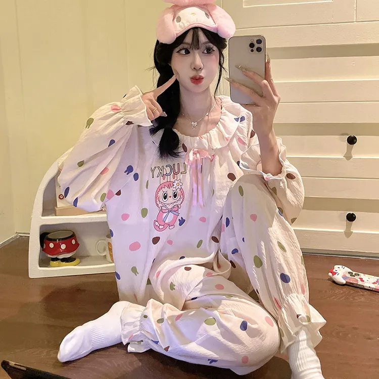 春秋季女童睡衣初中生云朵棉长袖卡通可爱小女孩带胸垫家居服套装