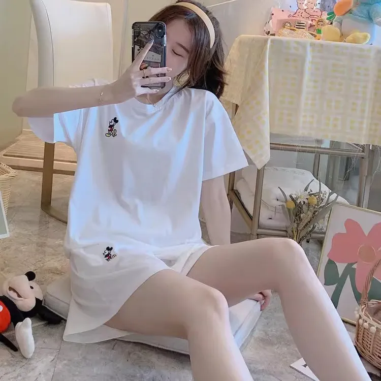 夏季新款可爱卡通米奇白色莫代尔睡衣女薄款短袖短裤家居服两件套