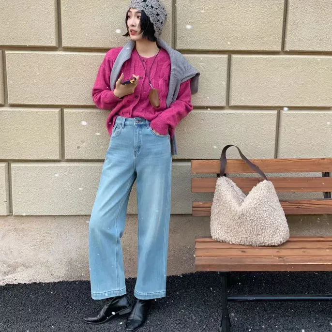 【加绒加厚直筒牛仔裤】LG205冬季保暖浅蓝棉裤高腰四面弹小个子猫