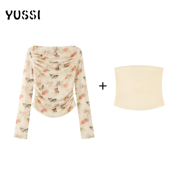YUSSI【心动符号】蝴蝶印花打底上衣夏季显瘦长袖（两件套外衣+抹胸）